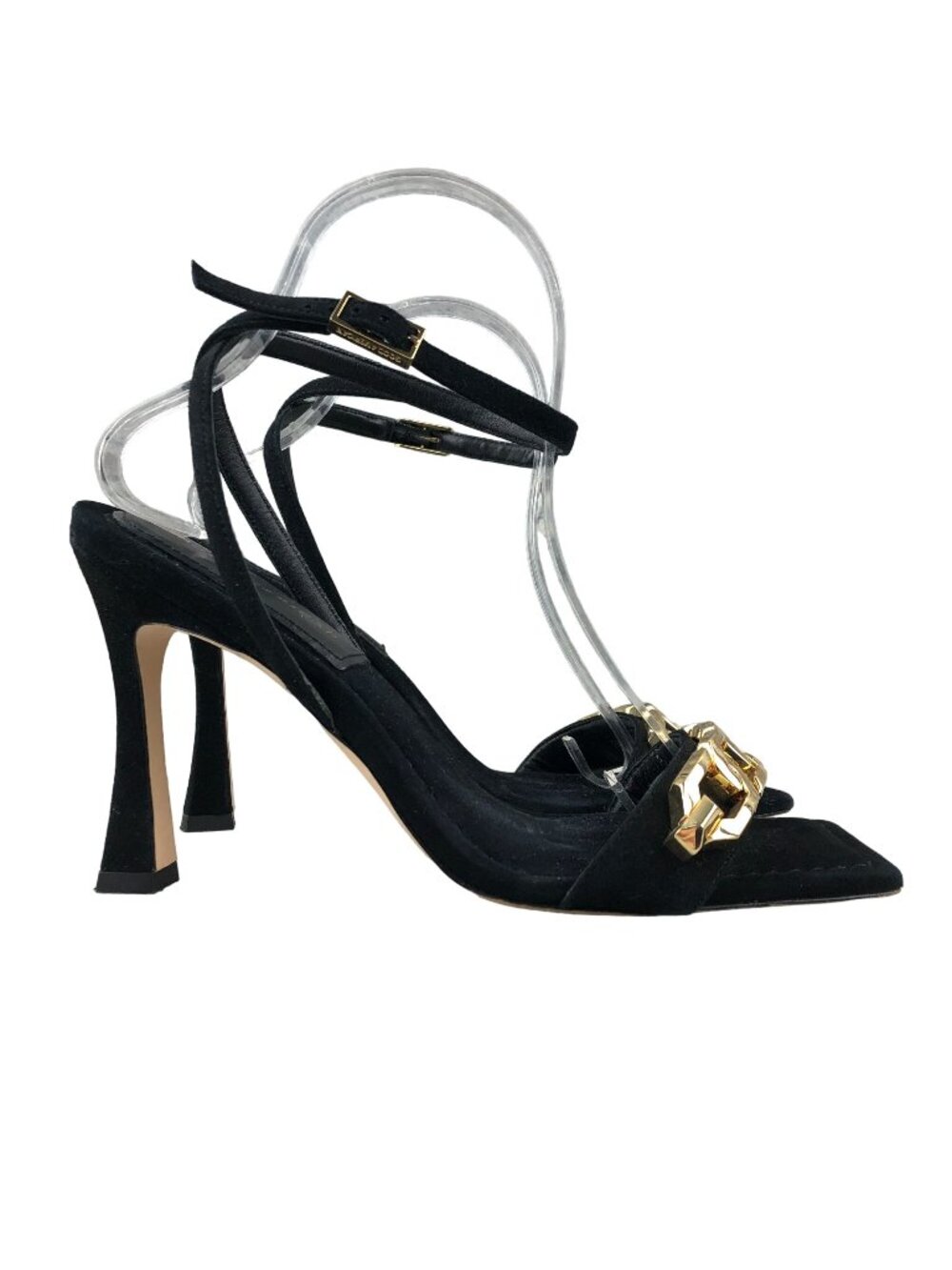 Good American Women' Size 9 Black Gold Chain Ankle Strap High Heel Sandals SPAIN